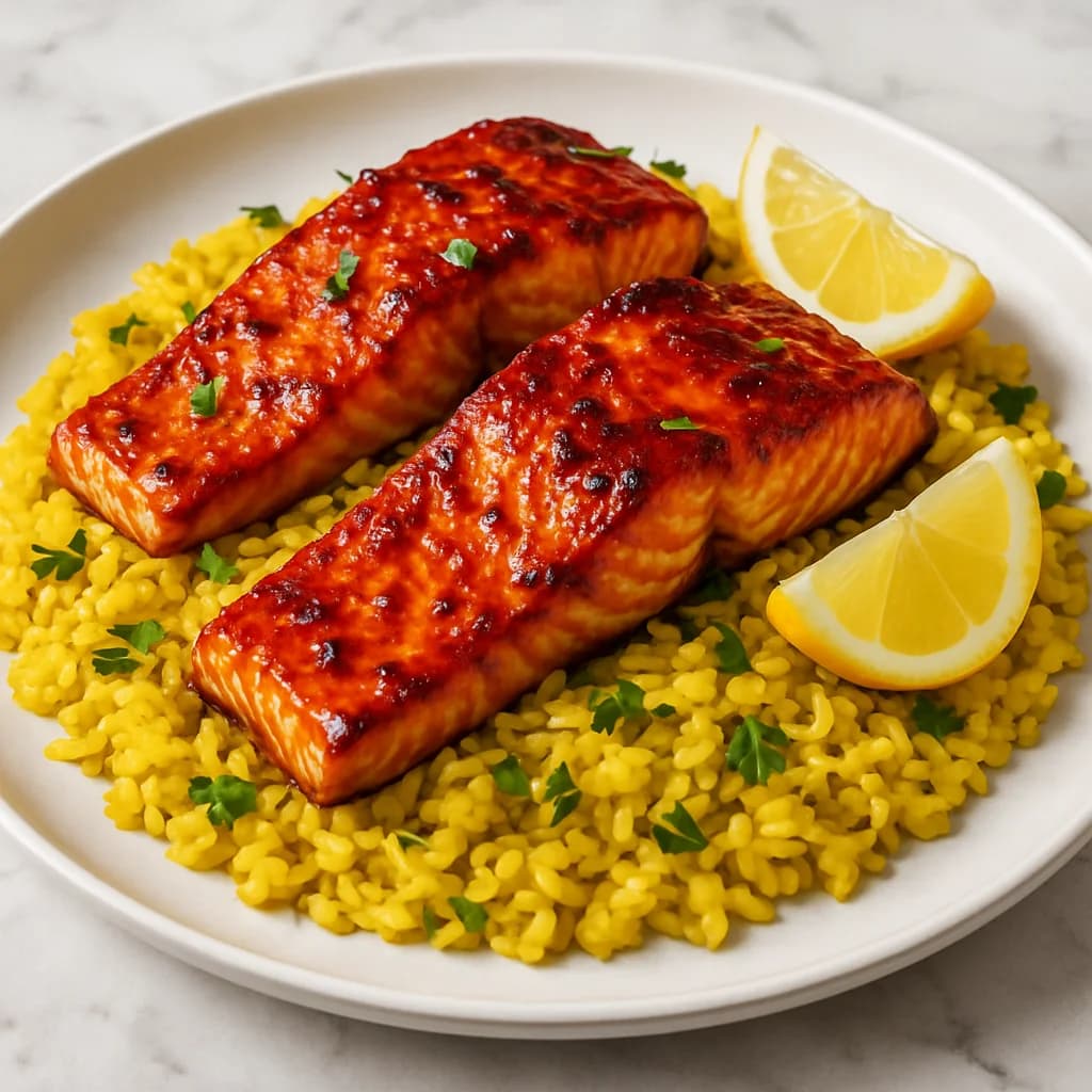 Harissa-Honey Salmon Turmeric Rice recipe