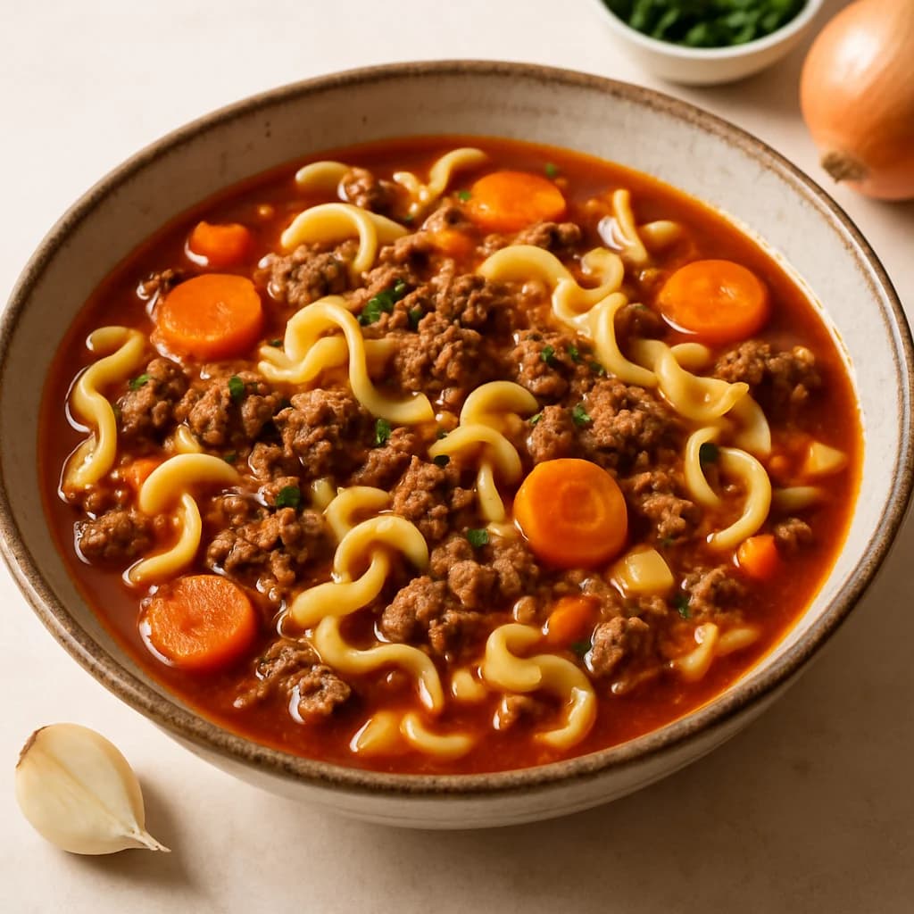 Hearty Hamburger Noodle Soup recipe