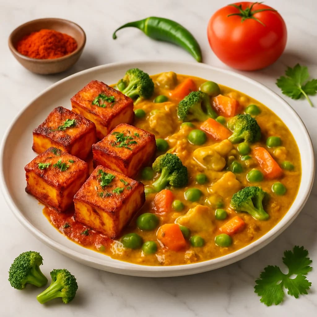 Spicy Tawa Paneer and Vegetable Korma recipe