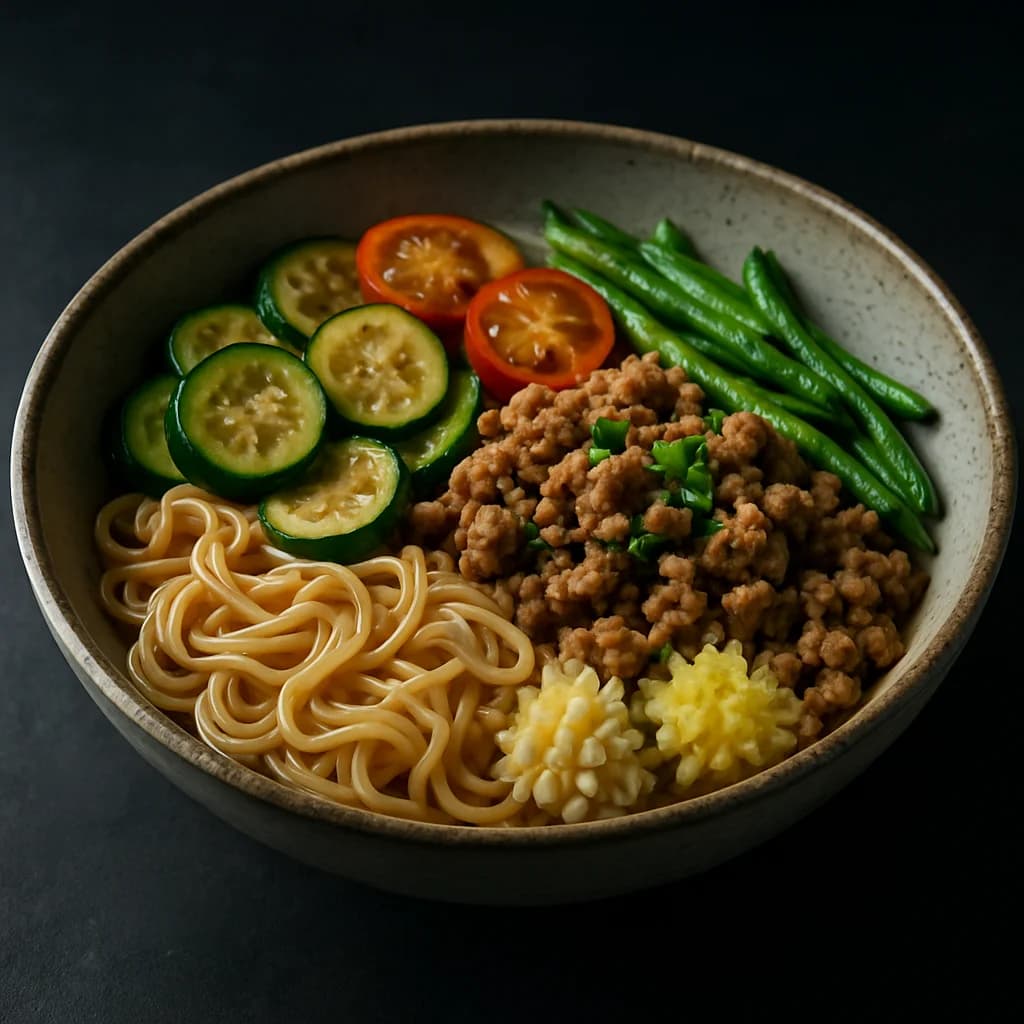 Summer Veggie Brothless Pork Ramen recipe