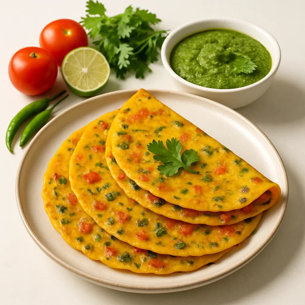 Tangy Besan Cheela with Mint Chutney recipe