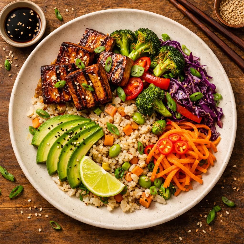 Charred Tofu Veggie Rice Bowl recipe