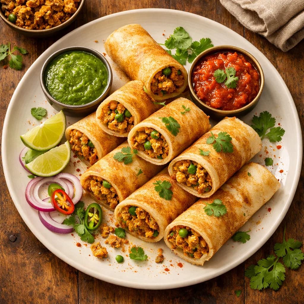 Fluffy Chicken Keema Dosa Rolls recipe