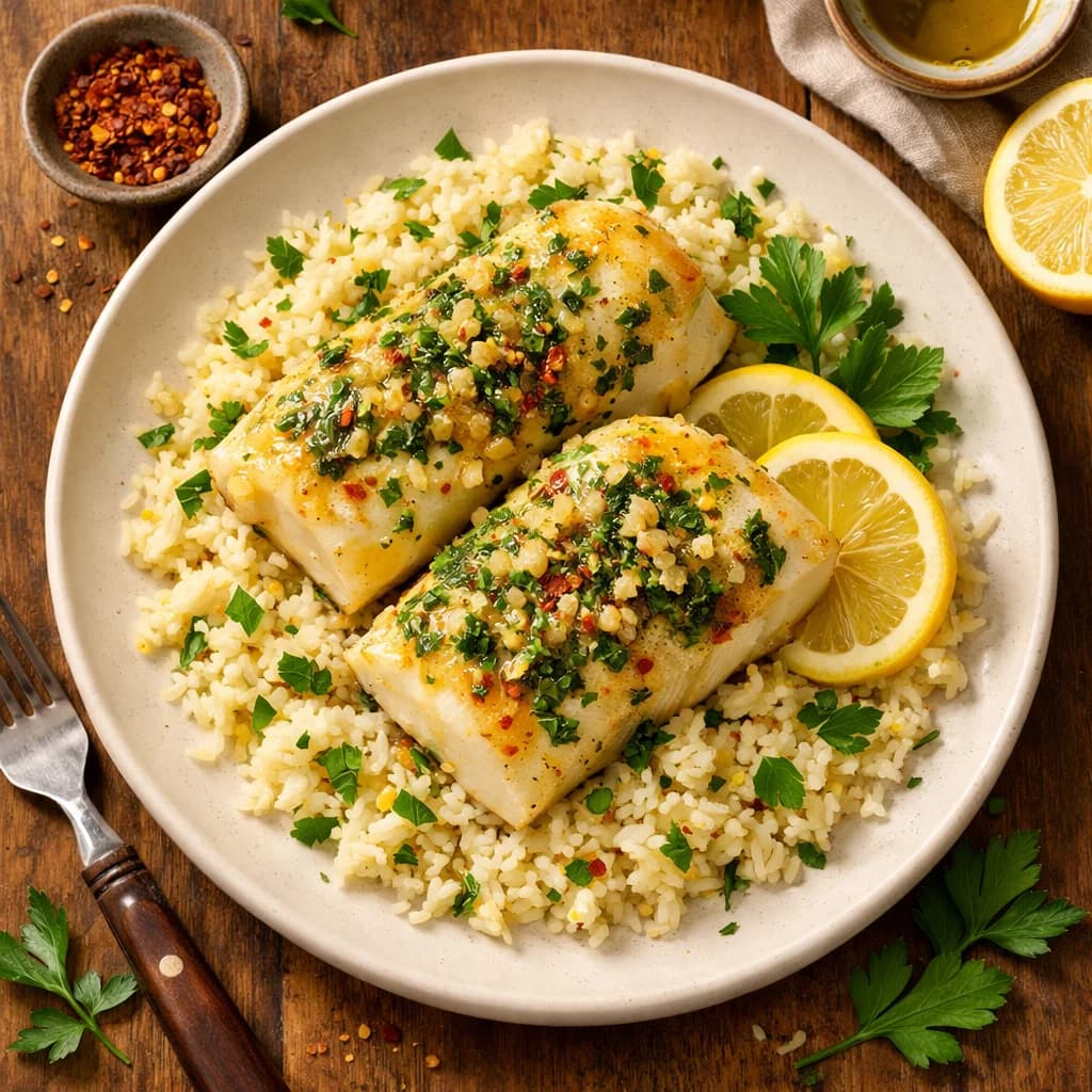 Garlic Herb Cod with Lemon Rice recipe