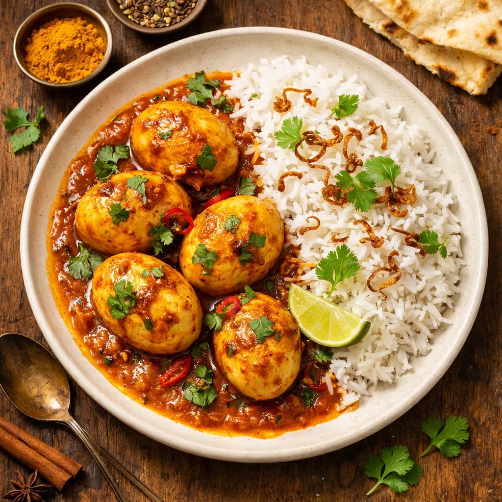 Golden Egg Curry with Fluffy Rice recipe