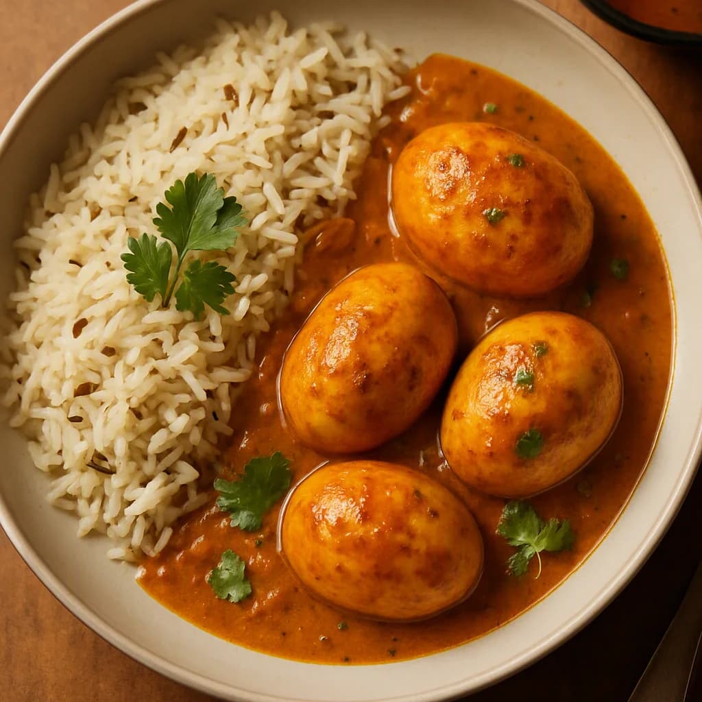 Golden Egg Curry with Jeera Rice recipe