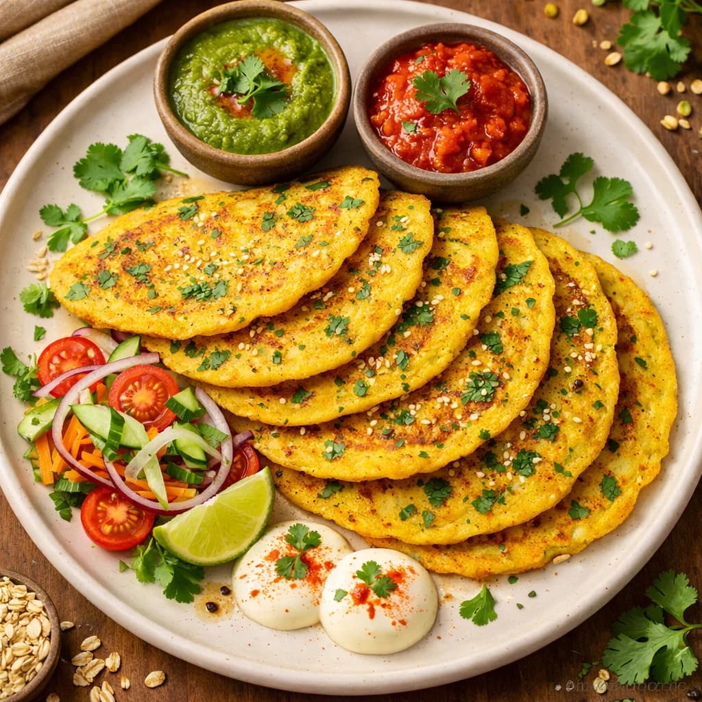Golden Moong Dal and Oats Pancakes recipe