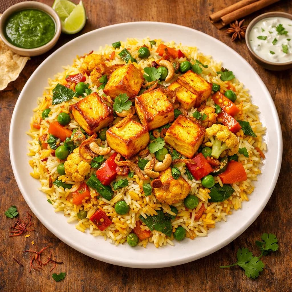 Golden Paneer and Veggie Biryani recipe
