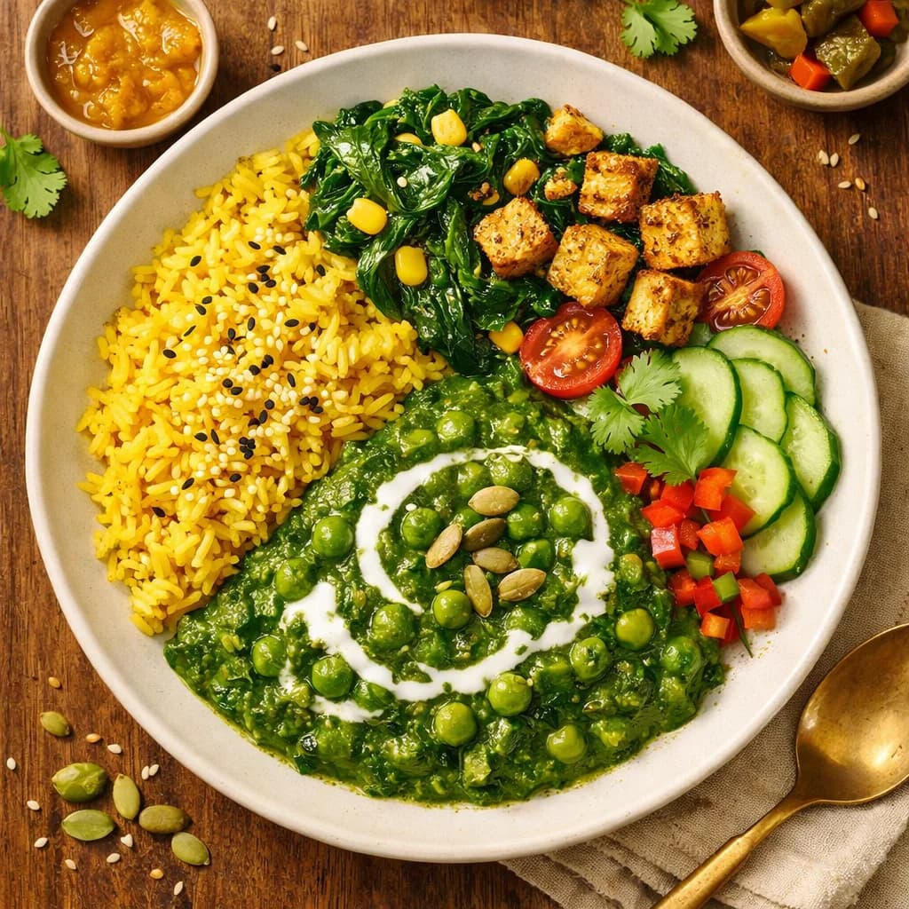 Golden Spinach and Pea Rice Bowl recipe