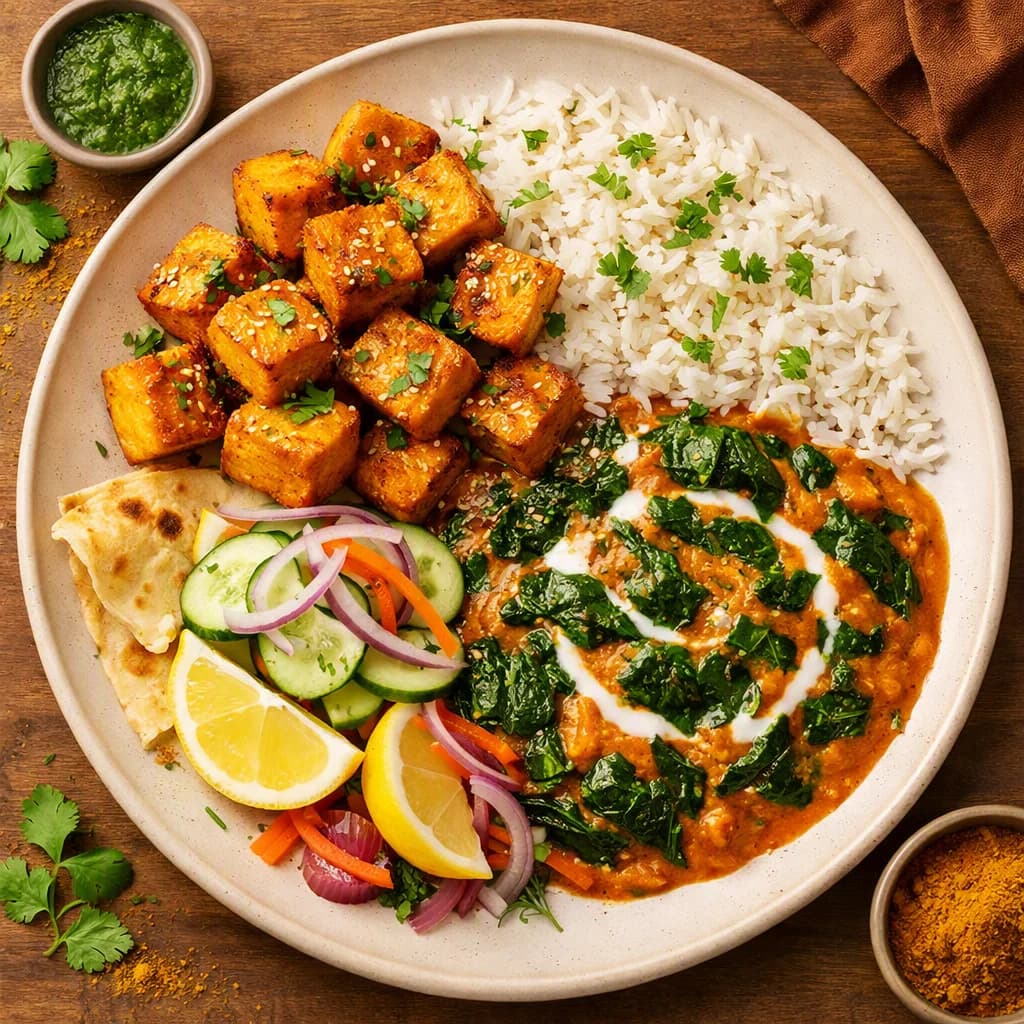 Golden Tofu and Spinach Masala Bowl recipe