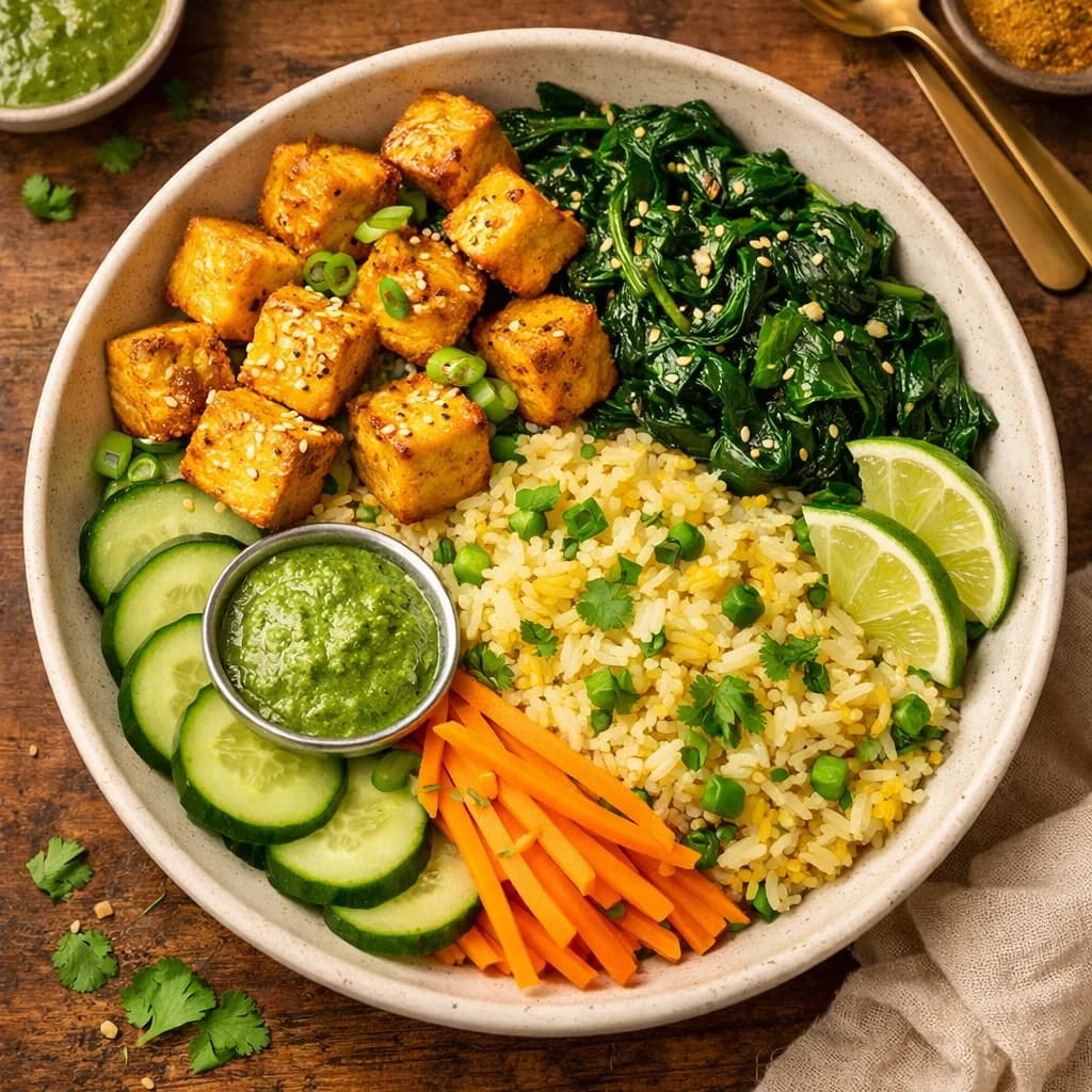 Golden Tofu and Spinach Rice Bowl recipe