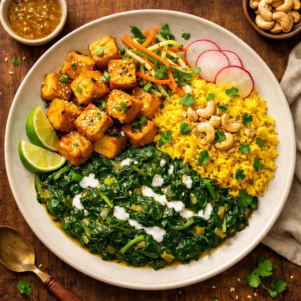 Golden Tofu & Spinach Rice Bowl recipe