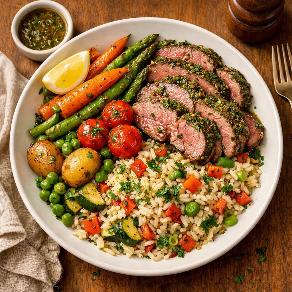 Herbed Lamb and Vegetable Rice Bowl recipe