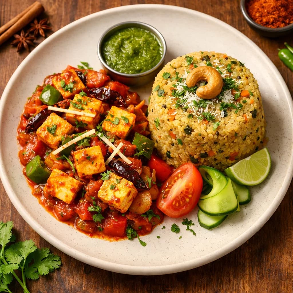 Kadhai Paneer and Lentil Upma recipe