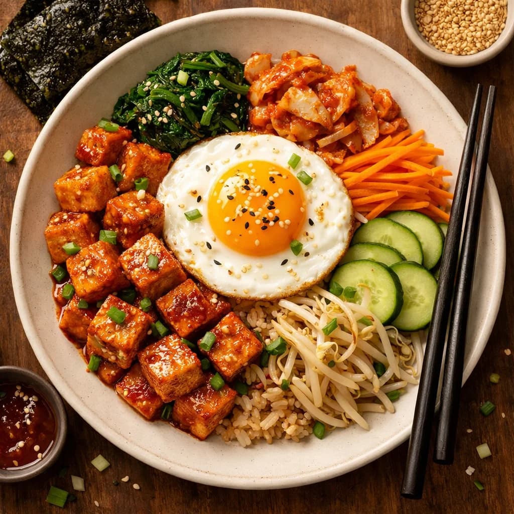 Korean Tofu Bibimbap Breakfast Bowl recipe