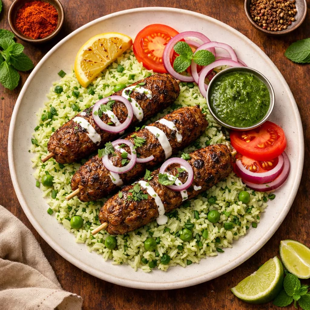 Lamb Seekh Kebabs with Minted Rice recipe