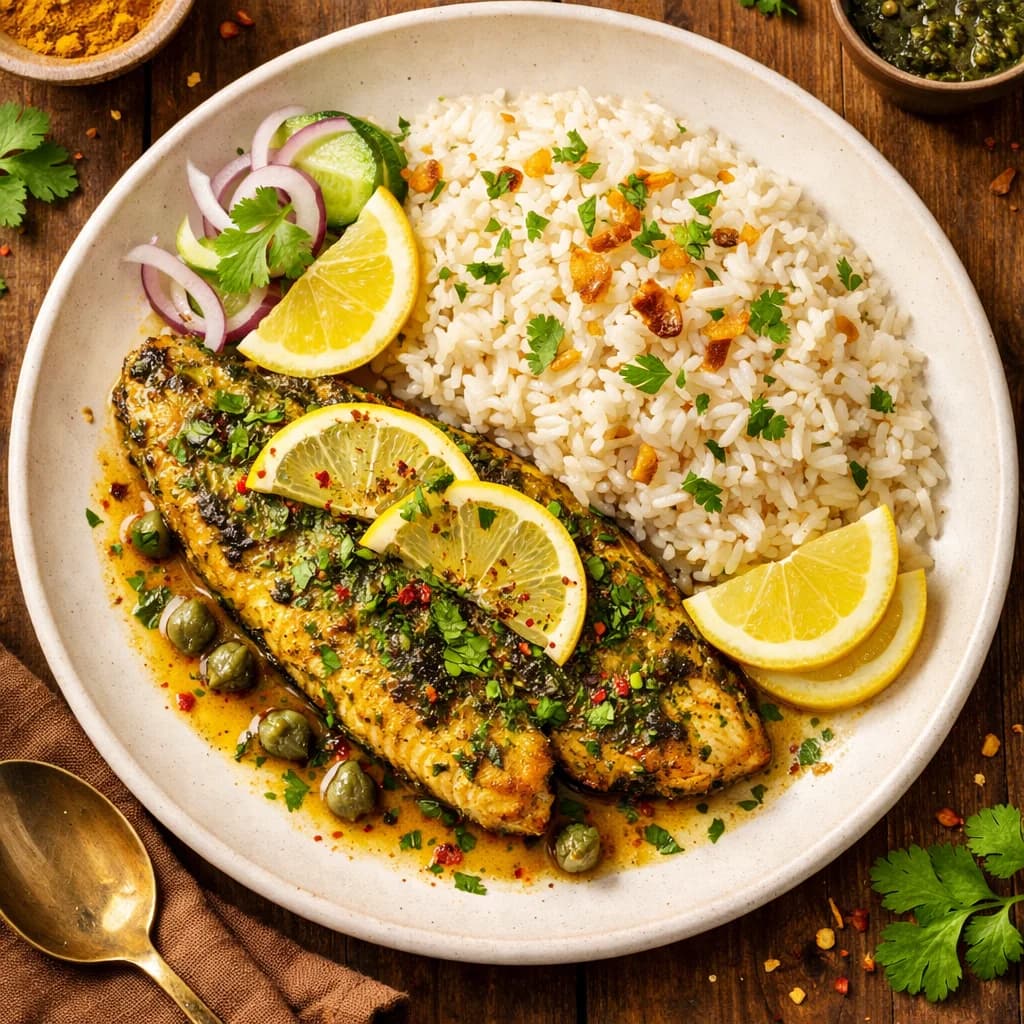 Lemon Herb Fish with Garlic Rice recipe