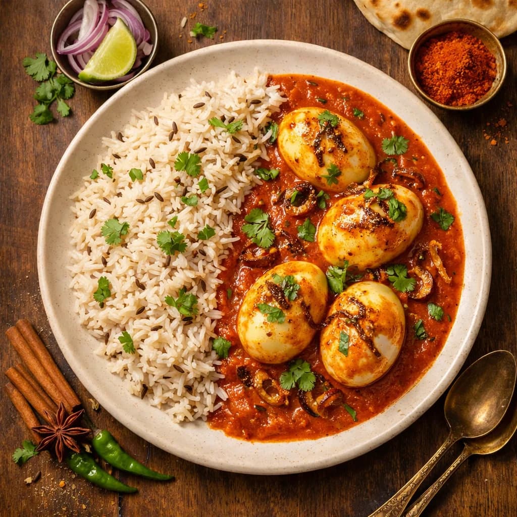Lucknowi Anda Curry with Jeera Rice recipe