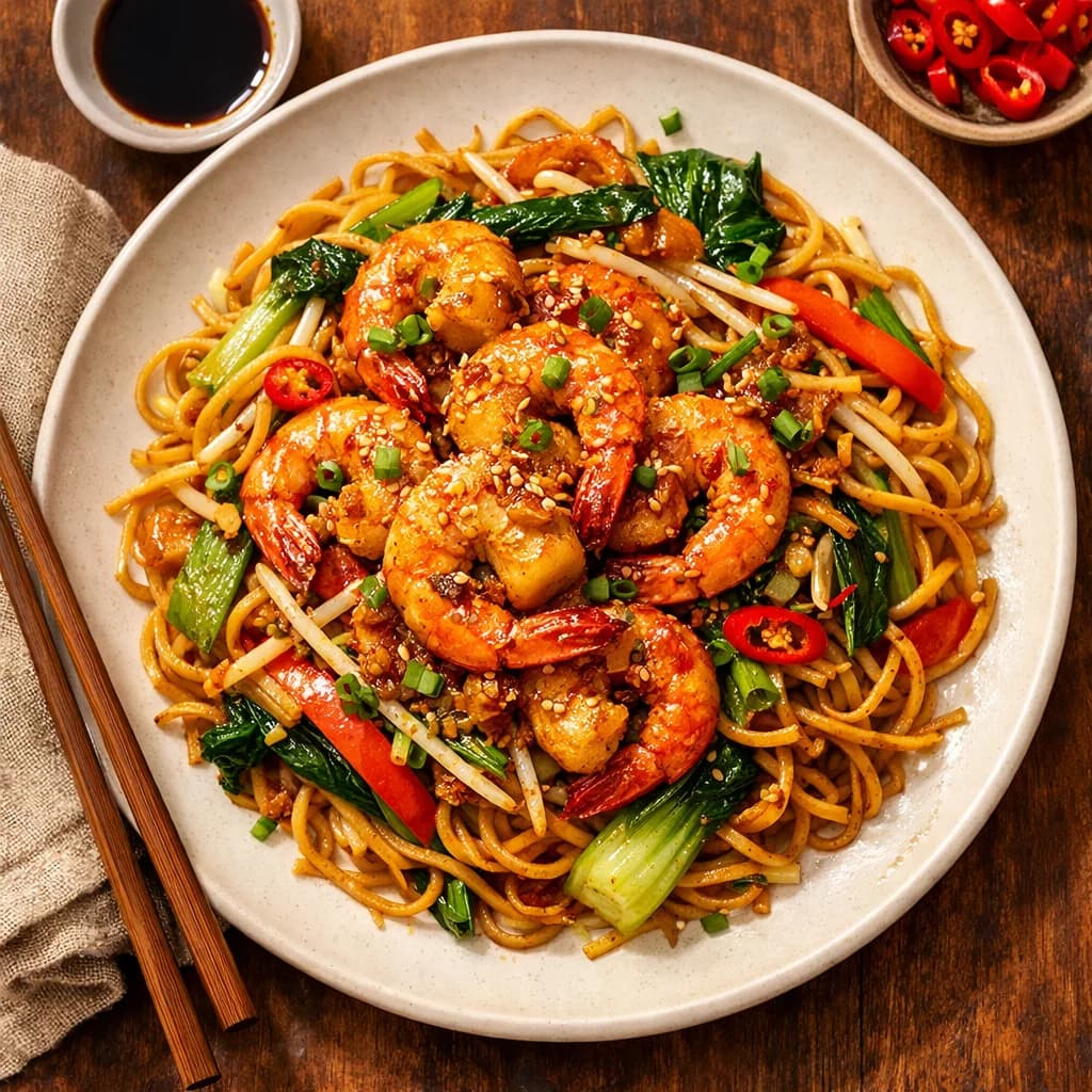 Sizzling Garlic Prawn Chow Mein recipe