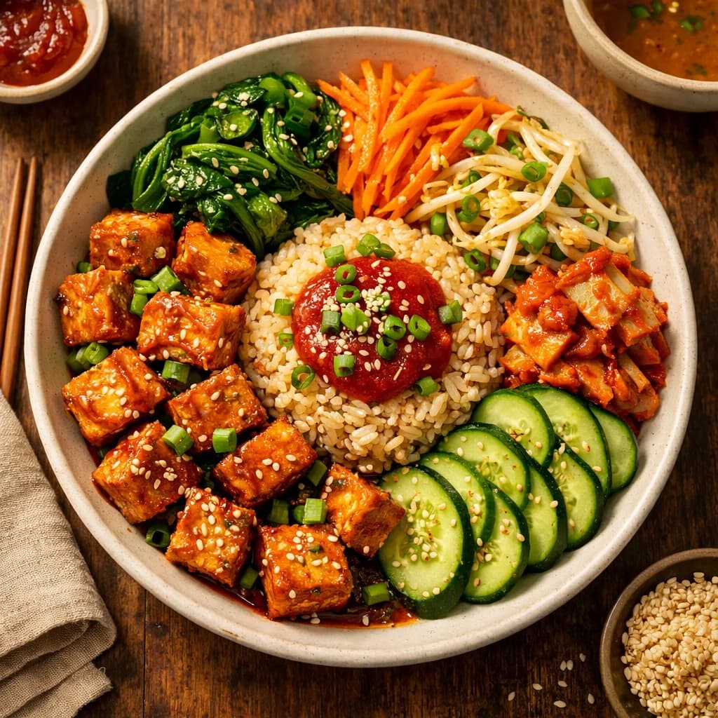 Sizzling Korean Tofu Bibimbap Bowl recipe