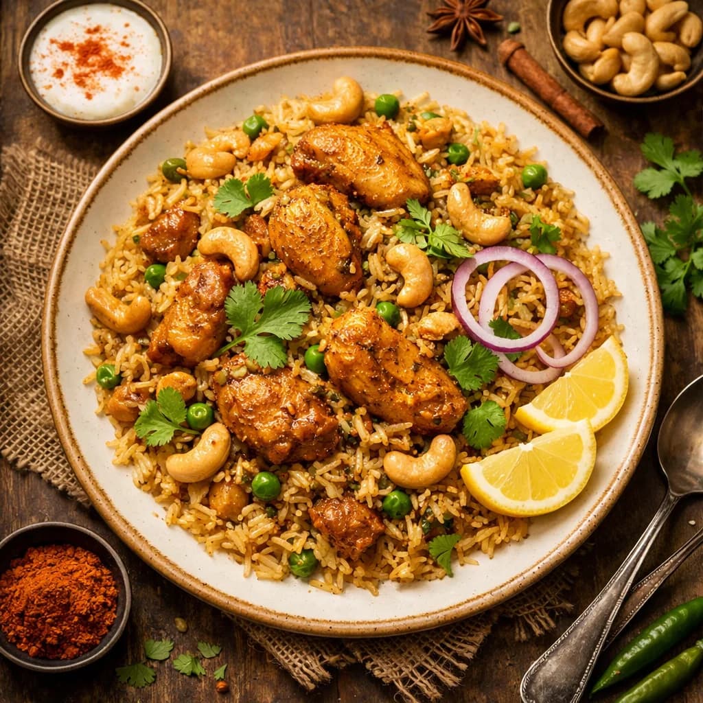Spiced Chicken Pulao with Cashews recipe