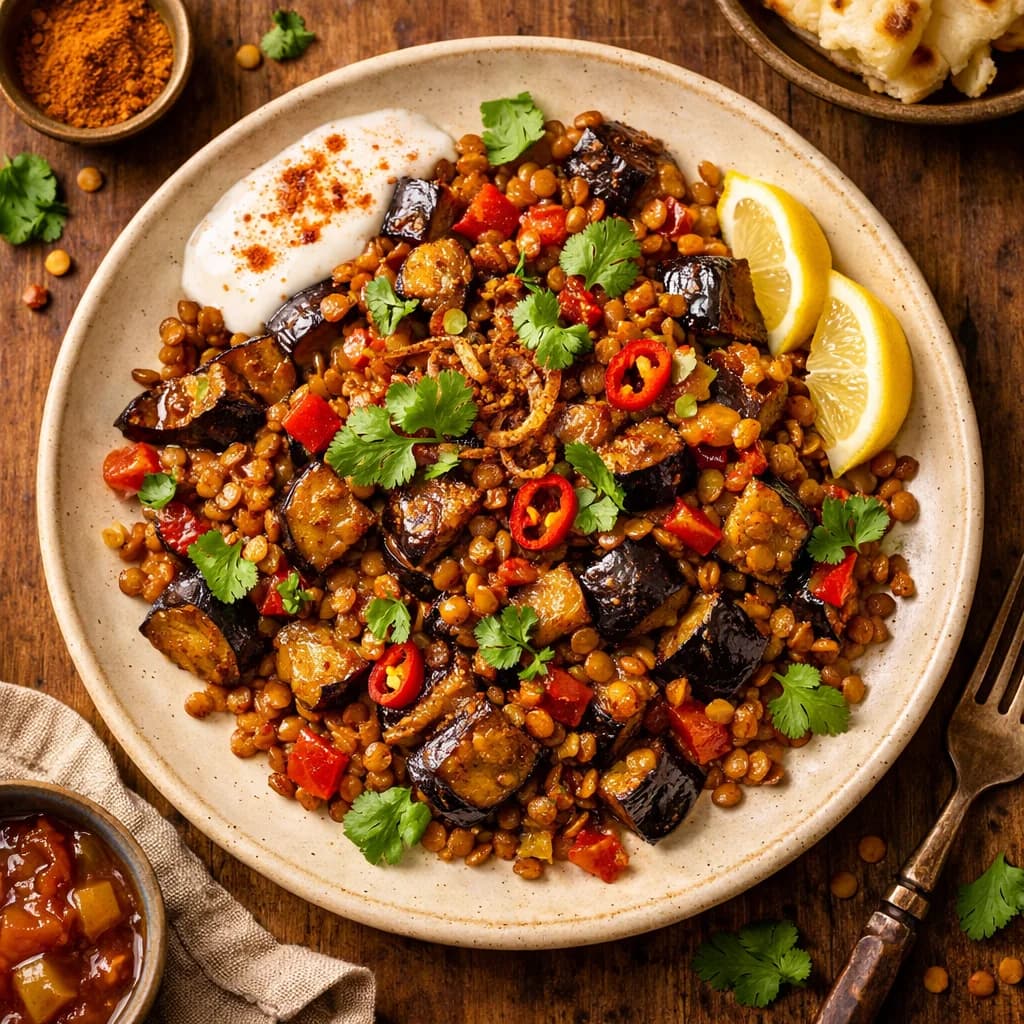 Spiced Eggplant and Lentil Stir Fry recipe