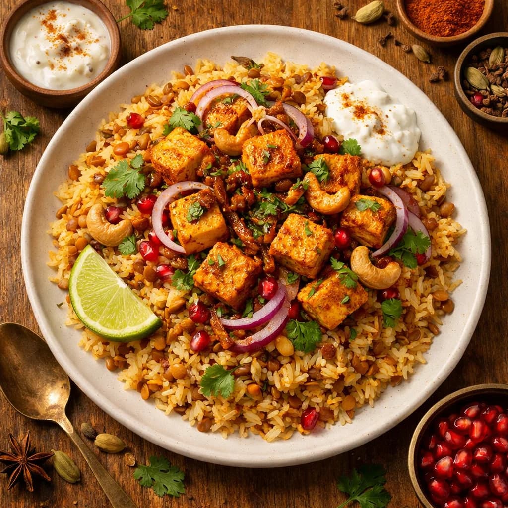 Spiced Tofu Lentil Biryani recipe