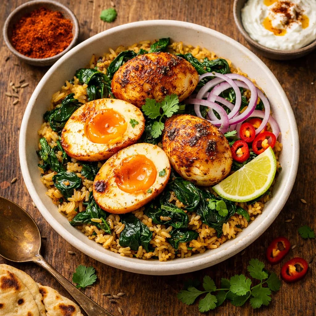 Spicy Egg and Spinach Rice Bowl recipe