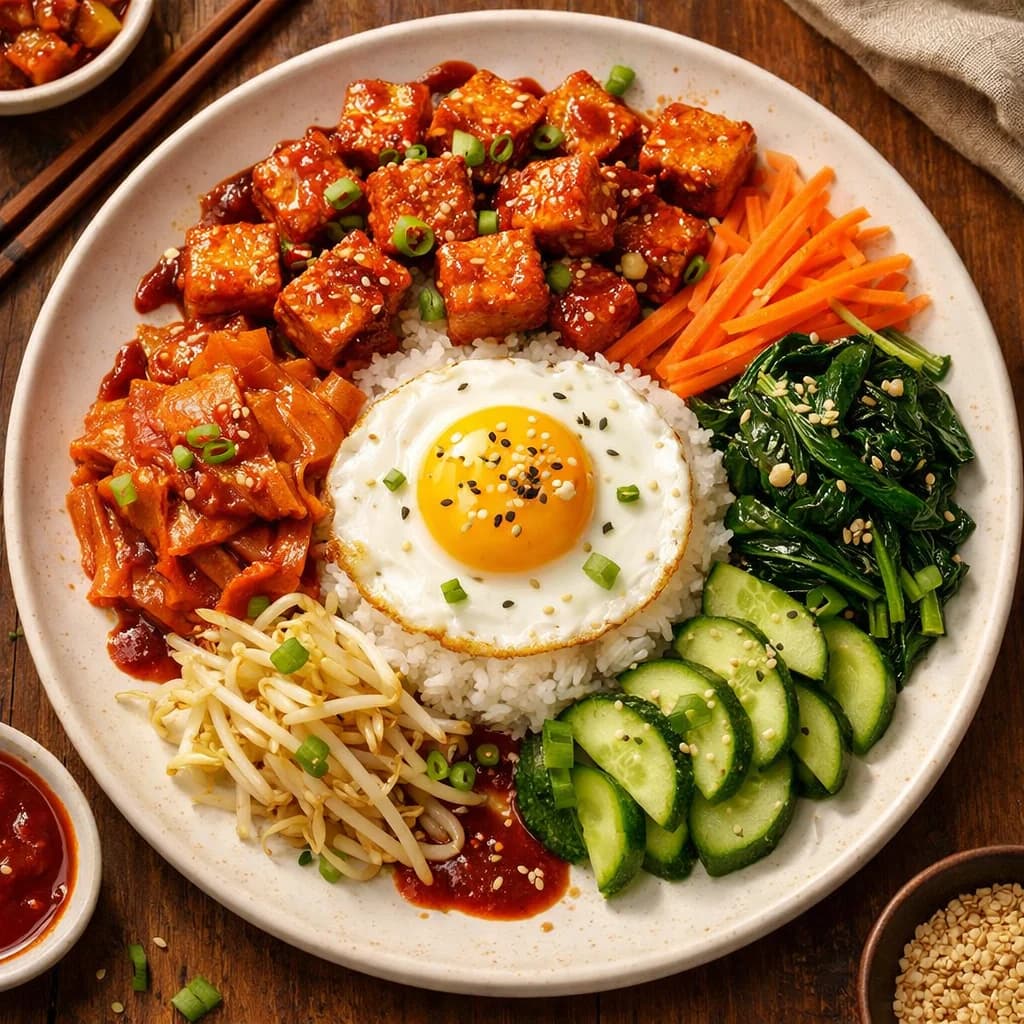 Spicy Korean Tofu Bibimbap Bowl recipe