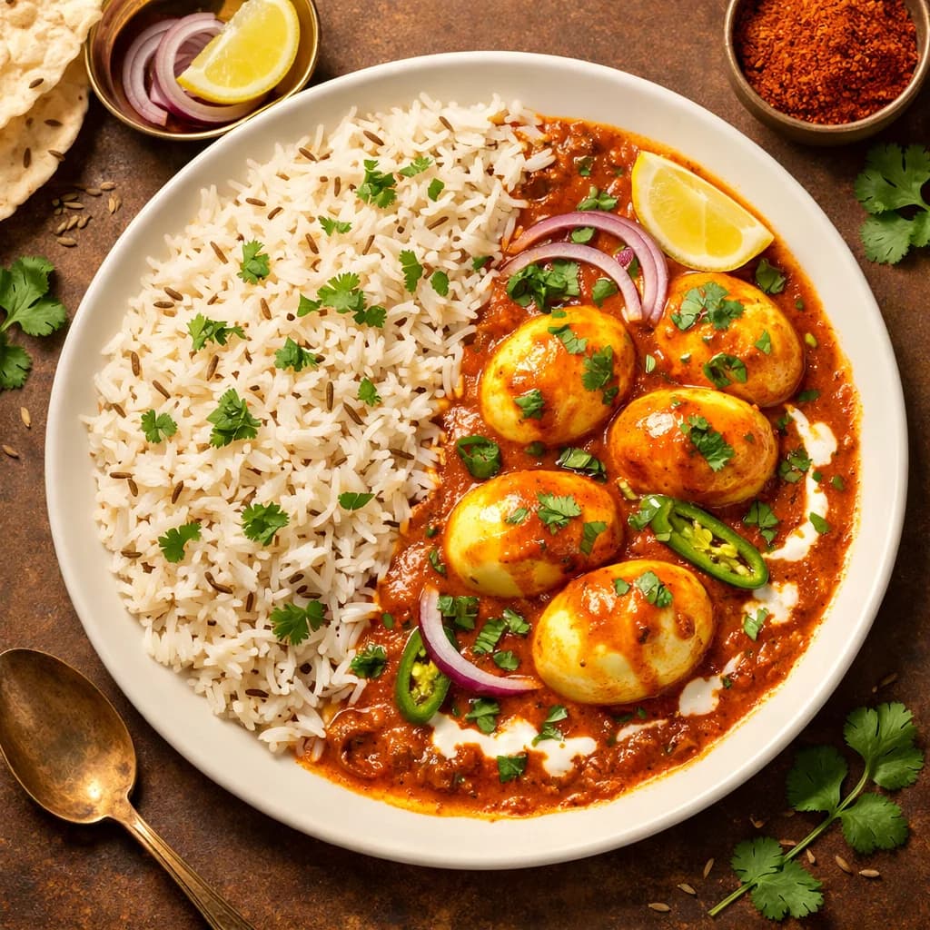 Tangy Egg Curry with Jeera Rice recipe