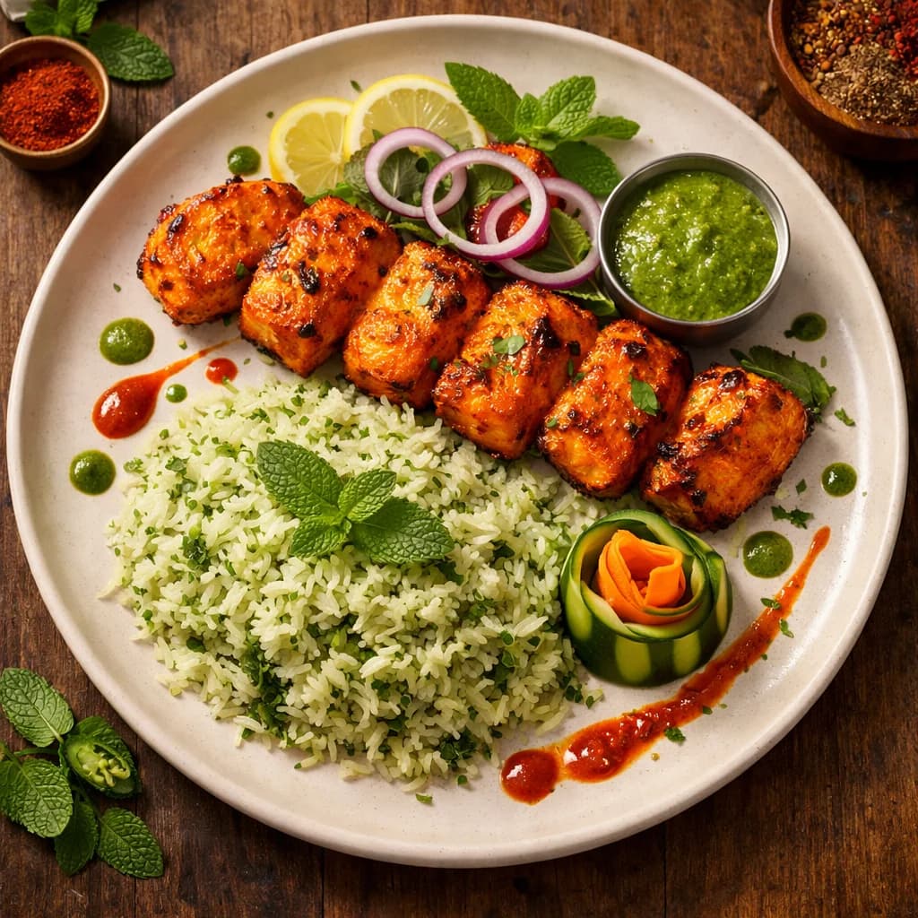 Tangy Fish Tikka with Mint Rice recipe