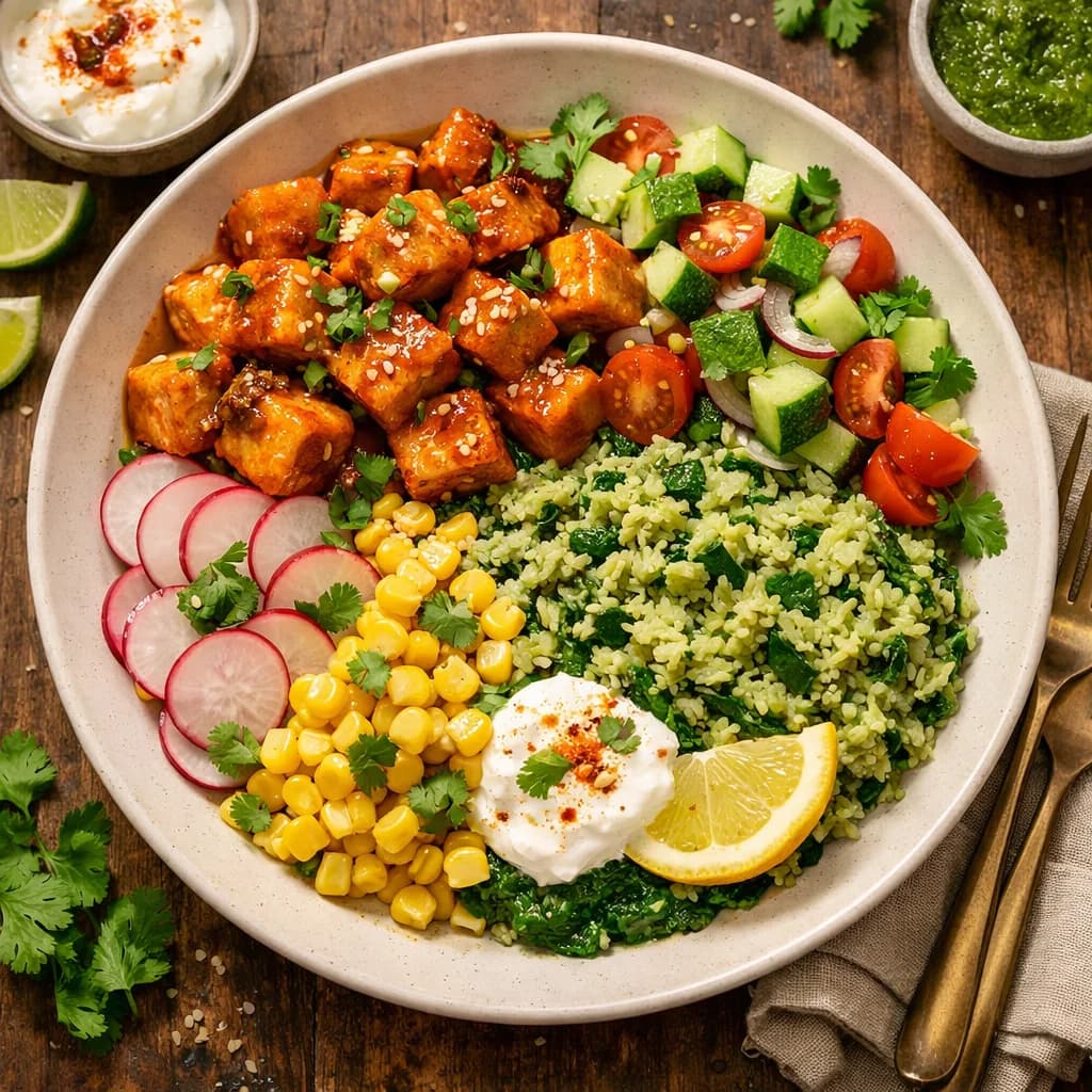 Tangy Tofu and Spinach Rice Bowl recipe