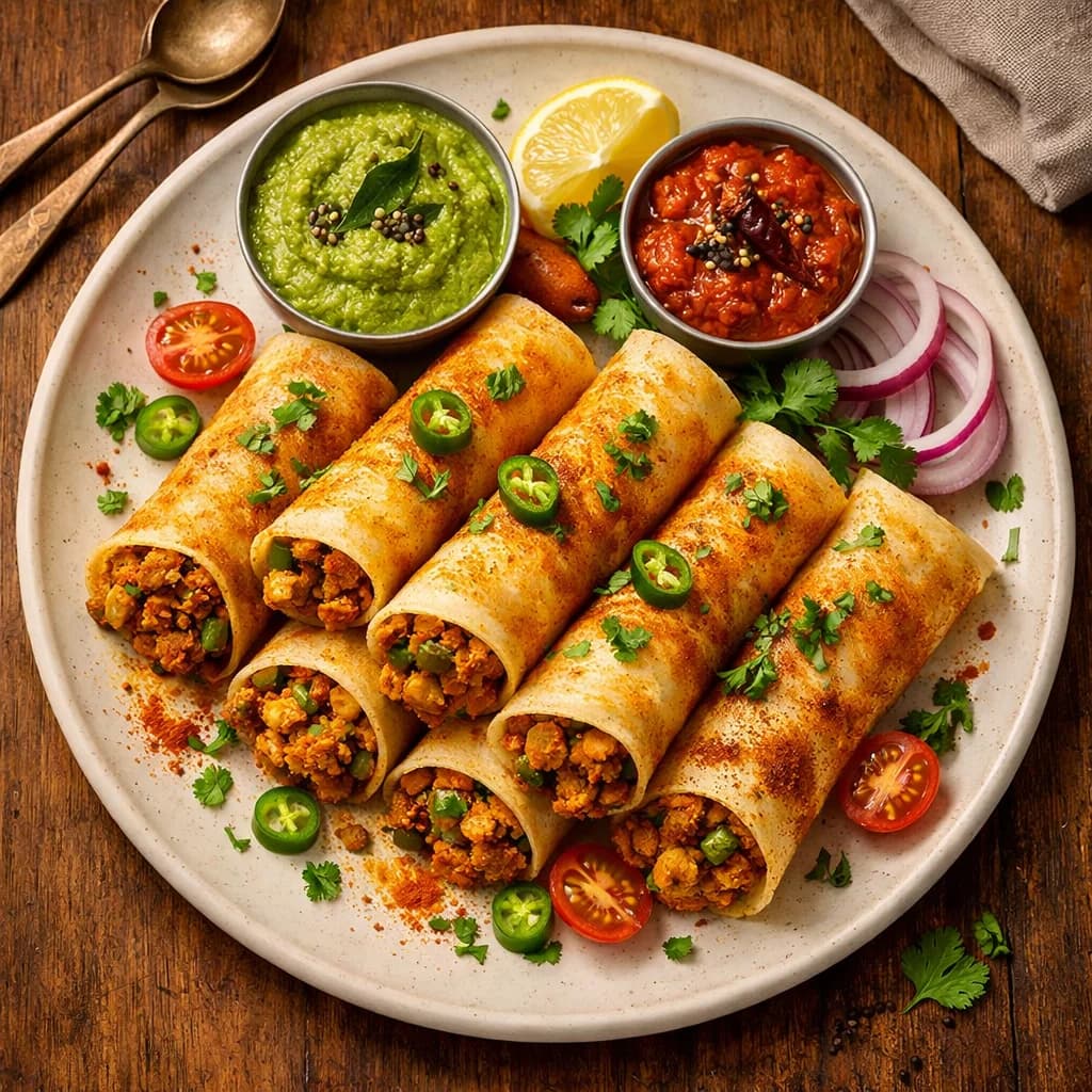 Zesty Chicken Keema Dosa Rolls recipe