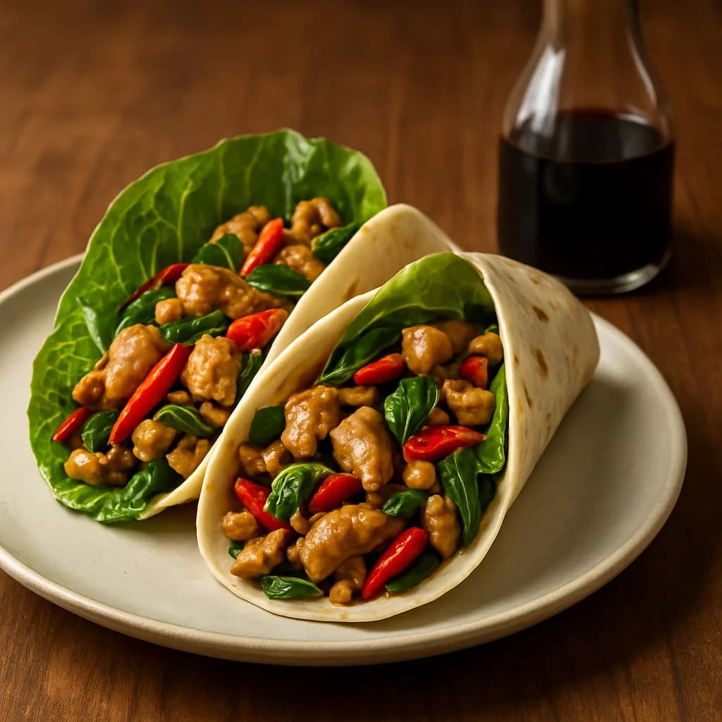 Wok-Fired Spicy Basil Chicken Wraps recipe