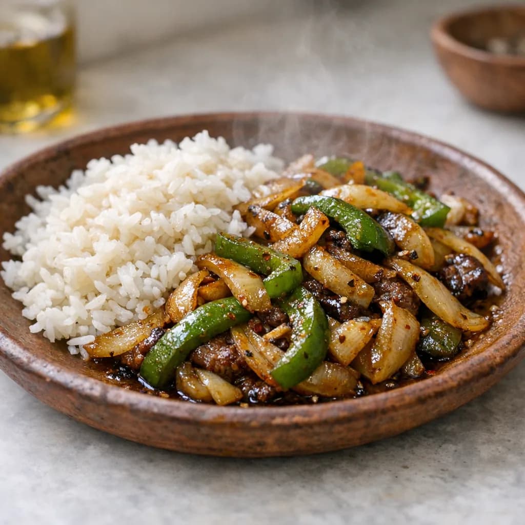 Halal Pepper Steak with Rice recipe