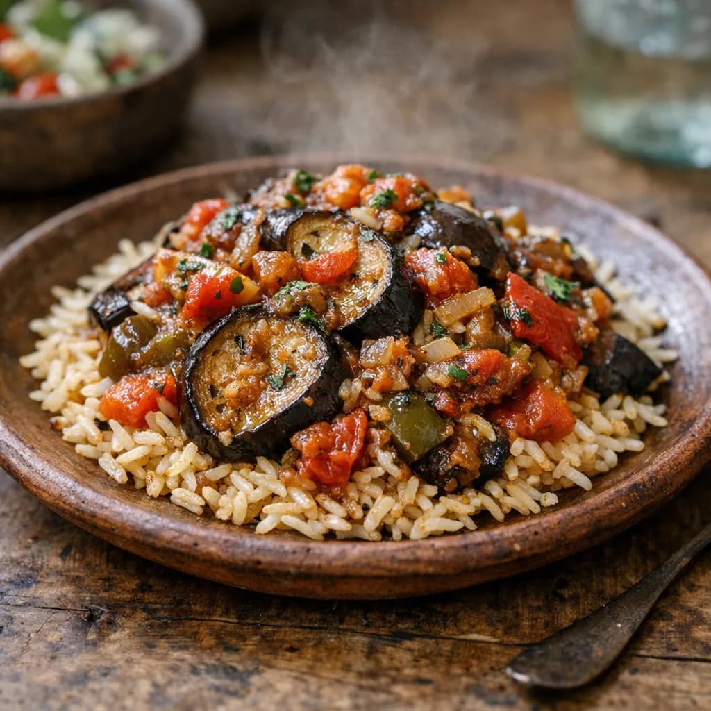 Halal Rice and Eggplant Bake recipe