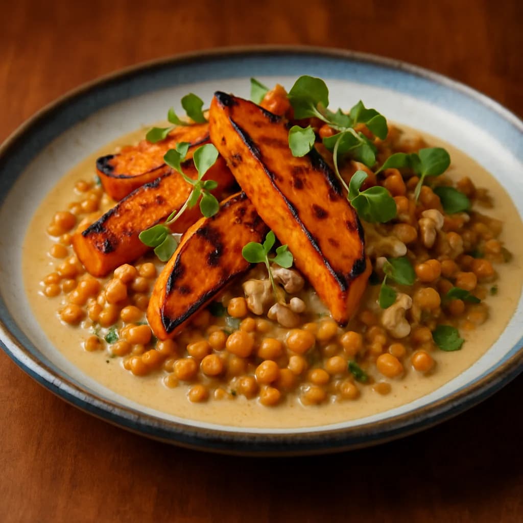 Charred Sweet Potato and Lentil Salad with Walnut-Coconut Dressing recipe