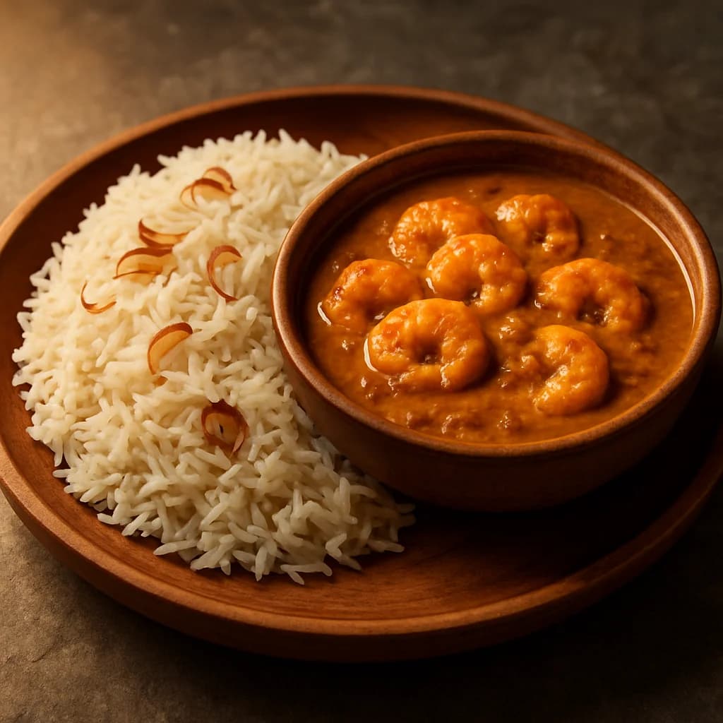 Chettinad Prawn Curry with Coconut Milk and Ghee Rice recipe