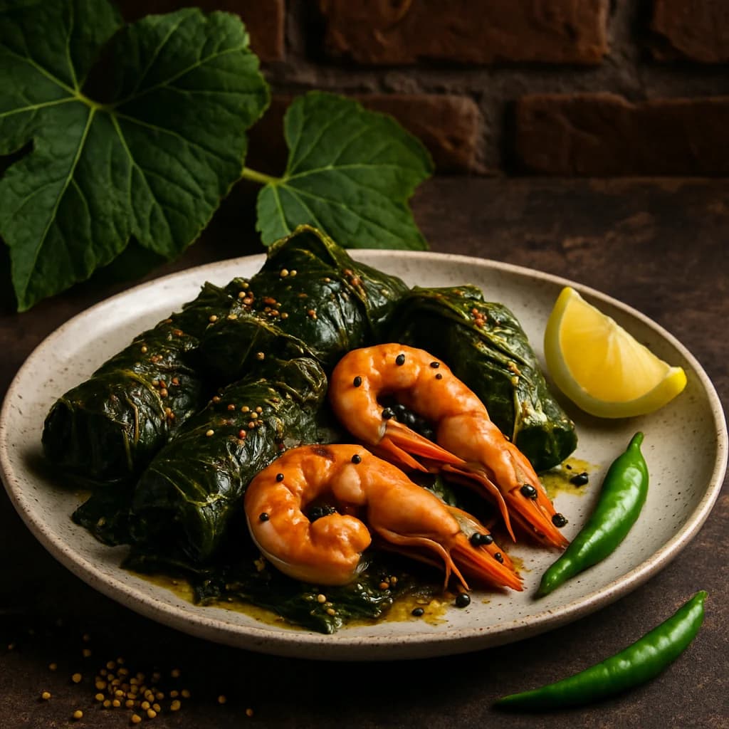 Chingudi Kakharu Patra Bhapa Steamed Prawns in Pumpkin Leaves with Panch Phoran recipe