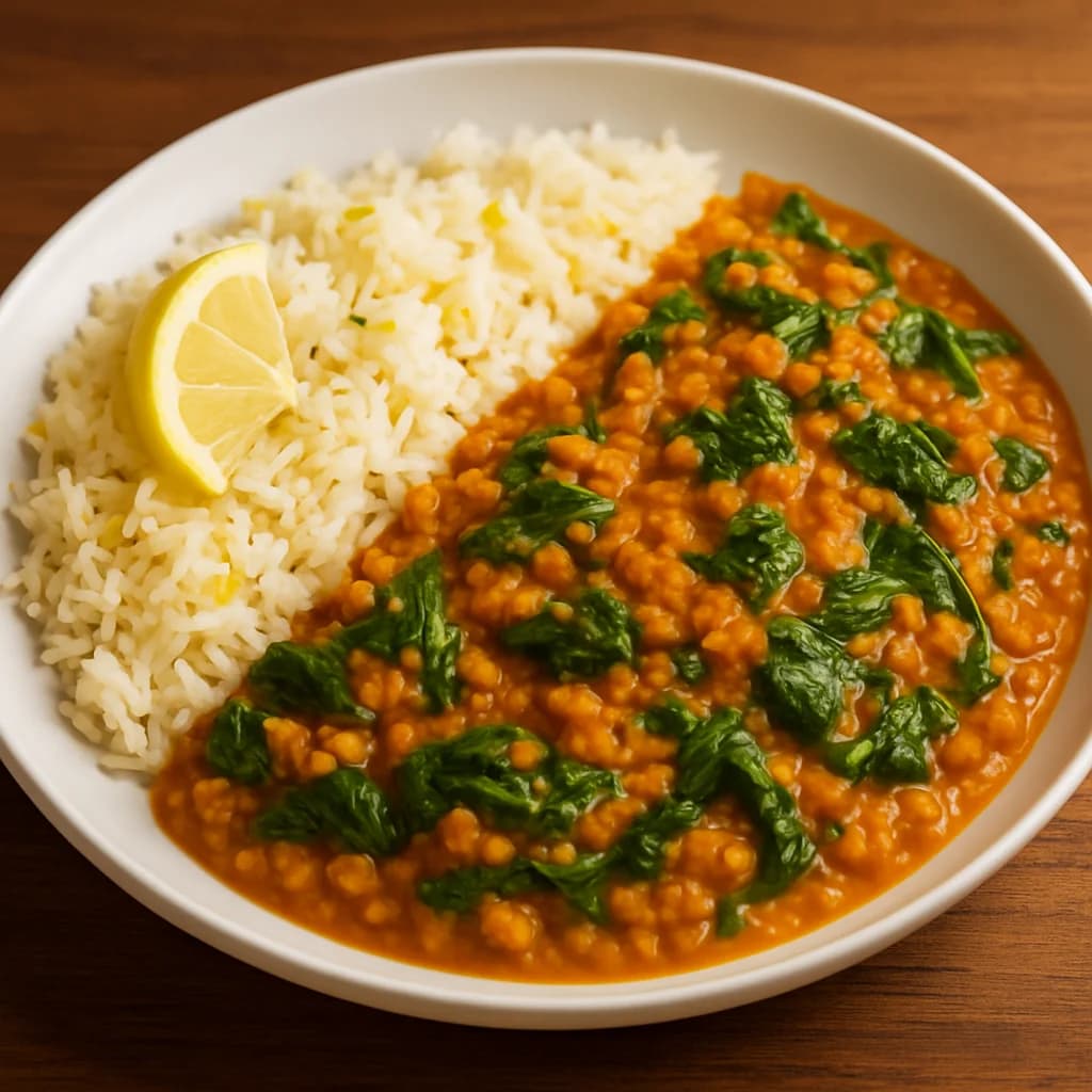 Coconut Spinach Lentil Curry with Lemon Rice recipe