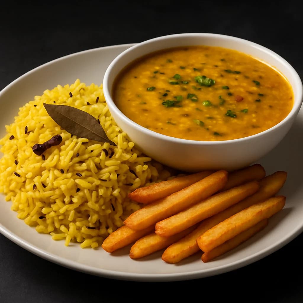 Haldi Rice and Dal Fry with Potato fries recipe
