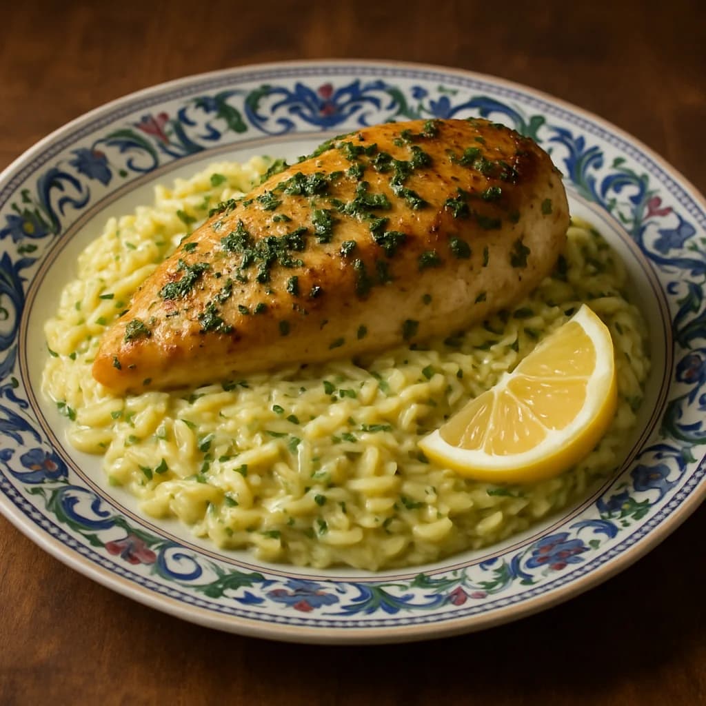 Herbed Chicken Creamy Lemon Zucchini Orzo recipe