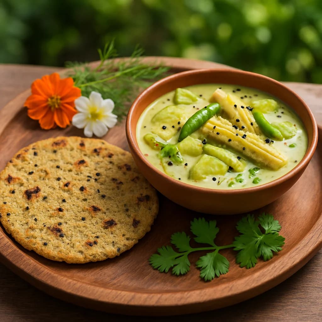 Jowar Mustard-Coconut Roti with Ridge Gourd and Drumstick Curry recipe