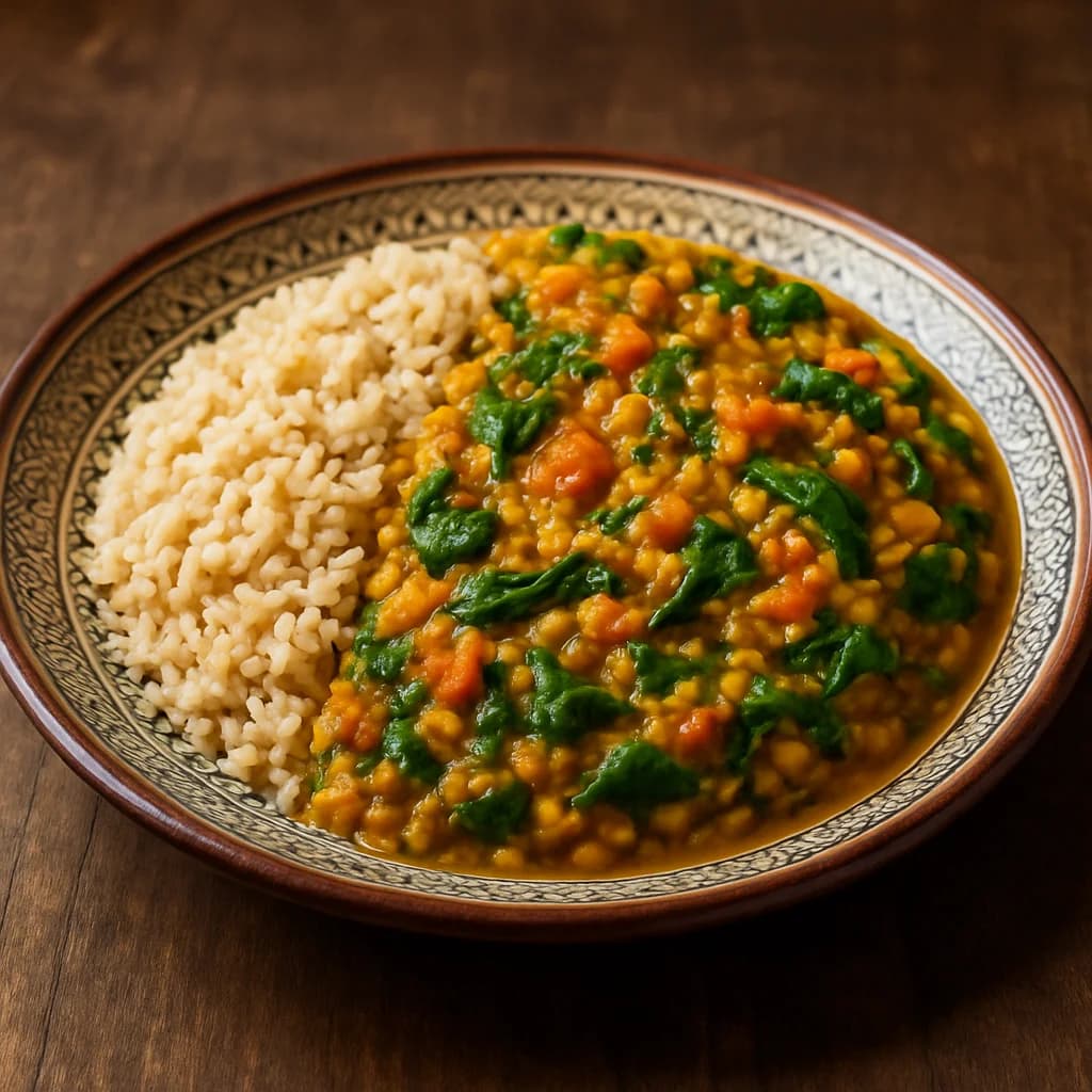 Lentil Spinach Curry with Brown Rice (small portion) recipe