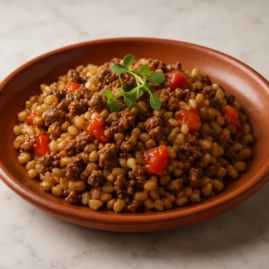 Spiced Mutton Crumble with Rustic Barley Medley recipe
