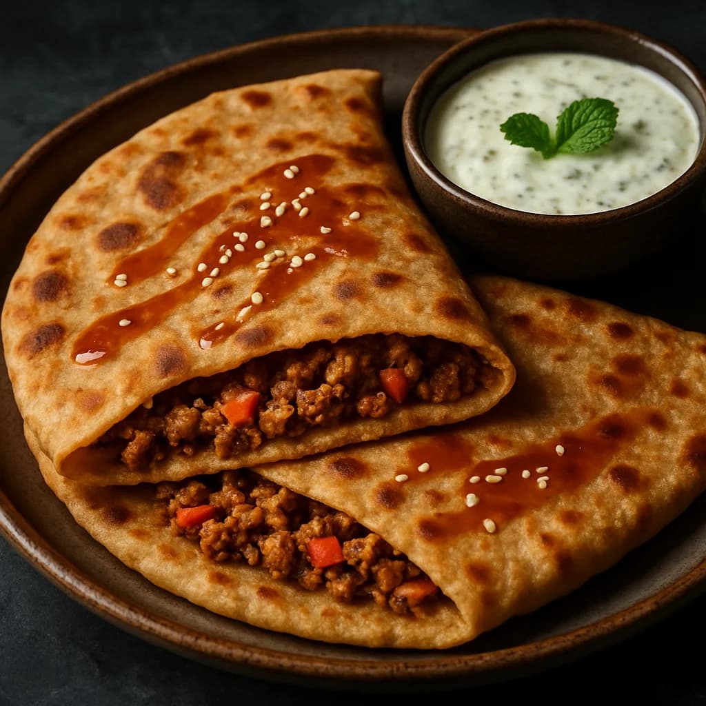 Spiced Mutton Paratha Pockets with Cool Mint Dip recipe