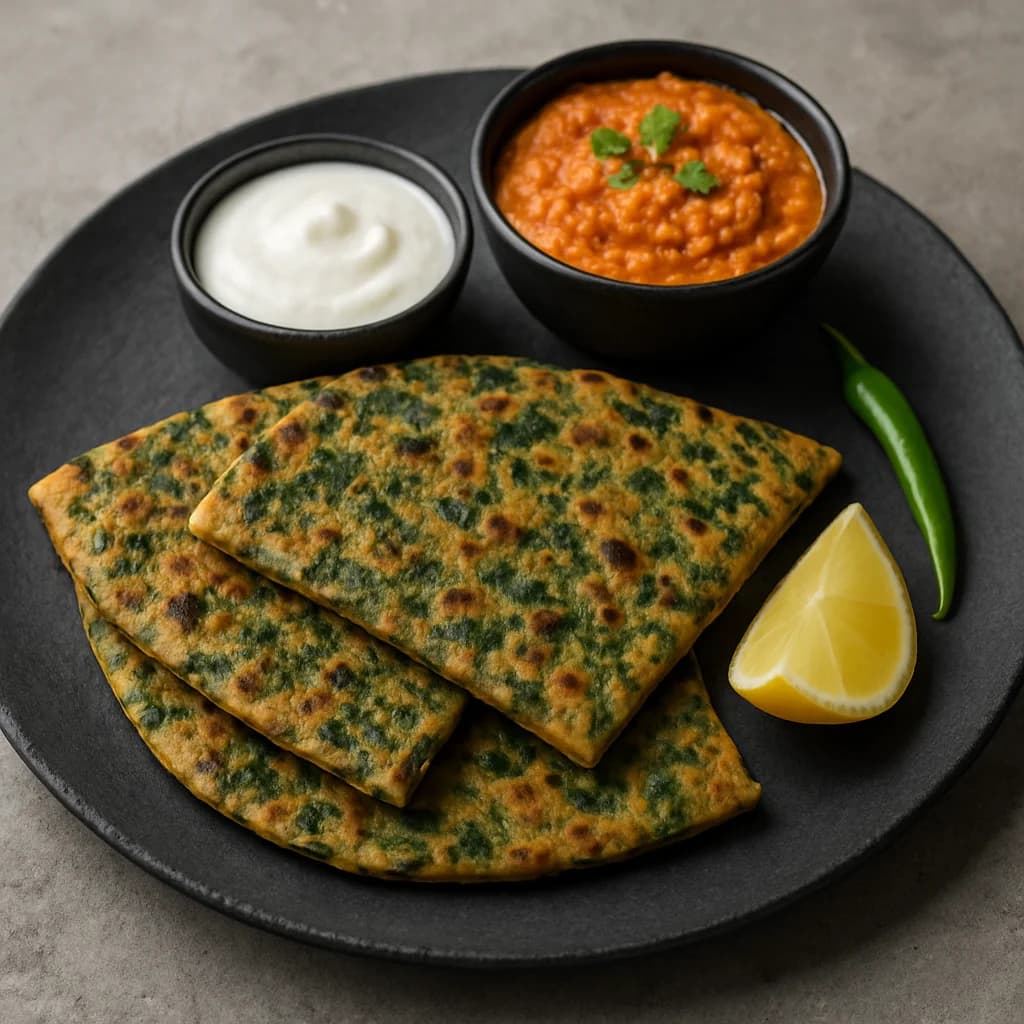 Odia-Style Air-Fried Drumstick-Methi Parathas with Tomato-Coconut Chutney recipe