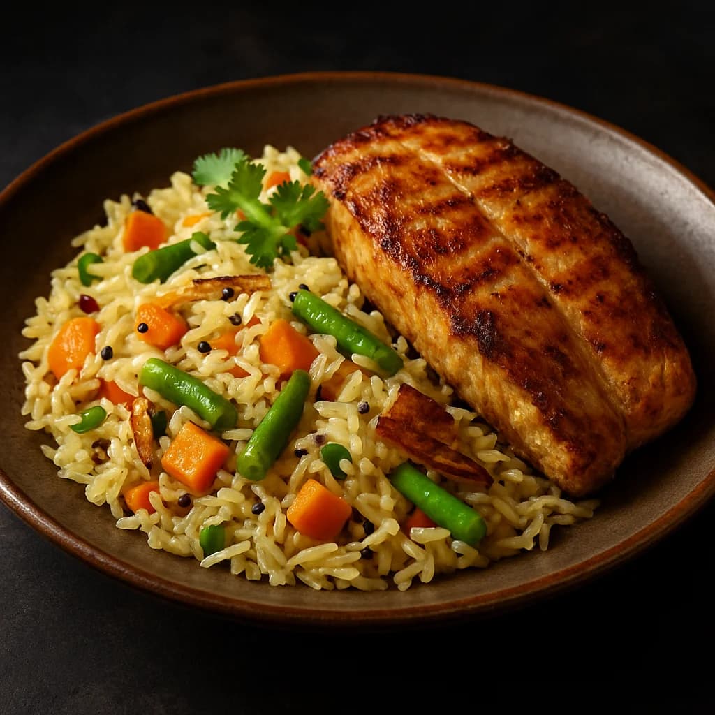Spiced Coconut Vegetable Pulao with Grilled Fish recipe