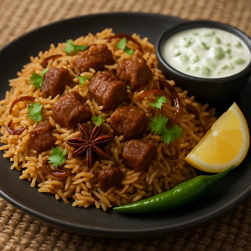 Spiced Mutton Pulao with Cucumber Raita recipe