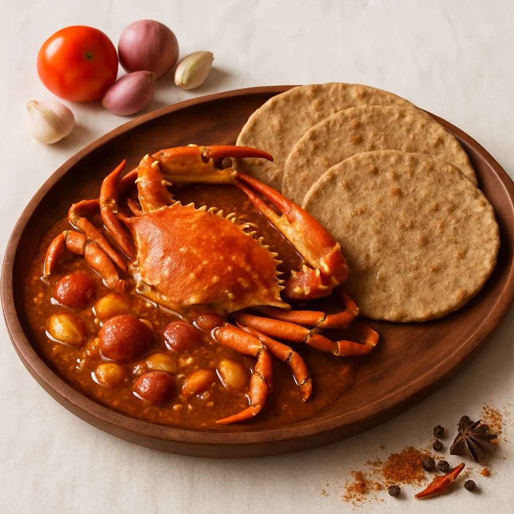 Spicy Tamil Nadu Nandu Kulambu Crab Curry with Pearl Millet Chapati recipe